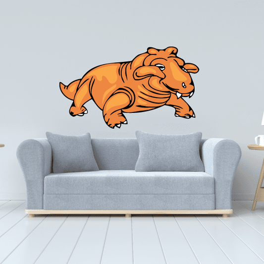 Orange horned dinosaur sticker, cartoon style running