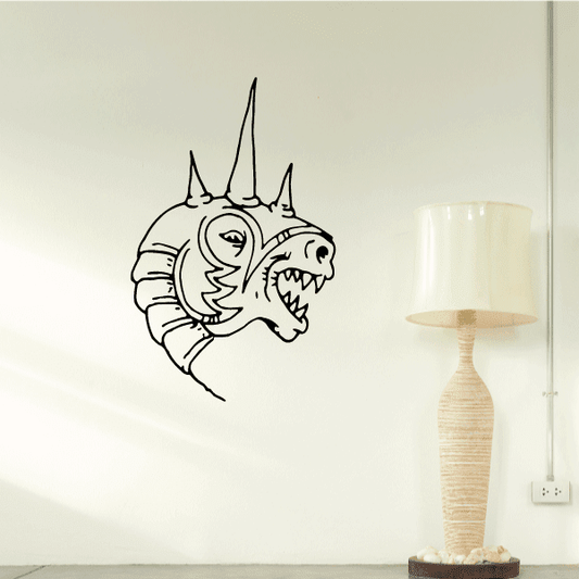 Horned lizard king decal with spiky horns and open-mouthed head in black line art