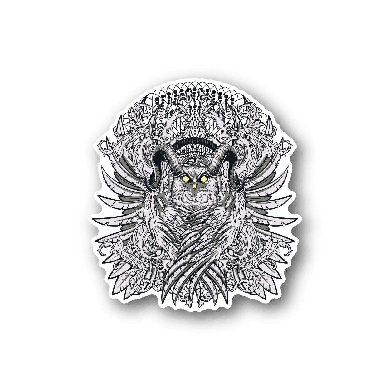 Horned owl vinyl sticker with ornate black-and-white feathers and yellow eyes.