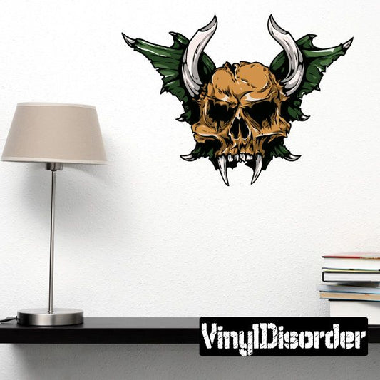 Horned skull with green wings sticker, brown skull, black horns, white horn tips