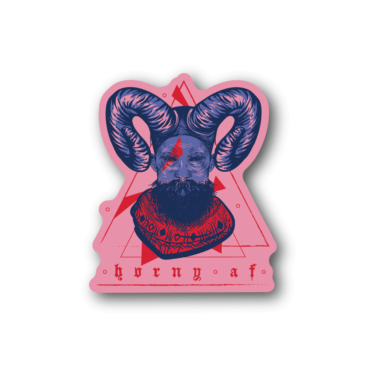 Devil face vinyl sticker with blue horns and red triangle graphic, pink outline