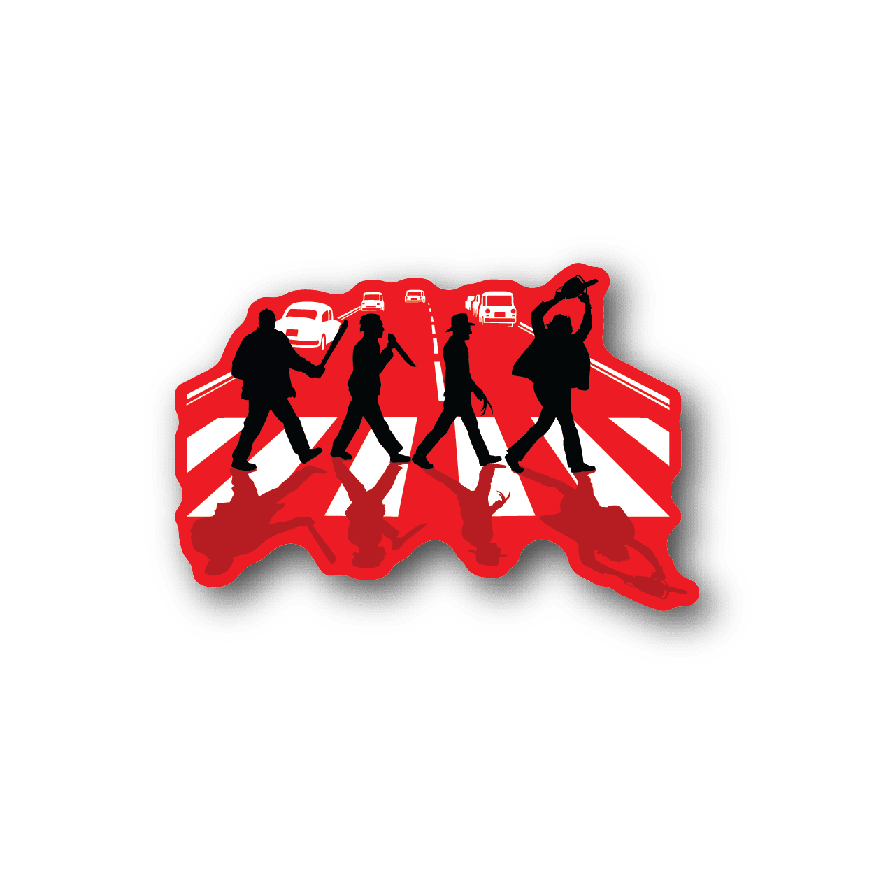 Horror vinyl sticker with red background and black silhouette walkers on Abbey Road