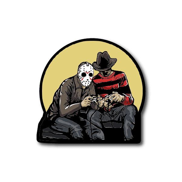 Vinyl sticker: circular design with two masked horror gamers holding controller.
