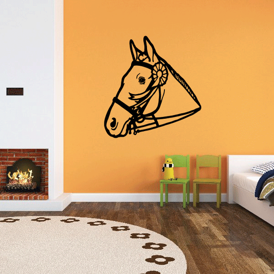 Horse and bridle ribbon decal, black horse head profile with bridle line art