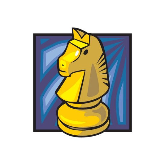 Yellow horse chess player sticker with black outlines and crown-like headpiece