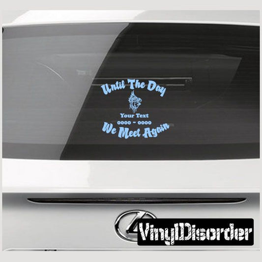 Memorial horse decal with blue text and horse graphic, black background