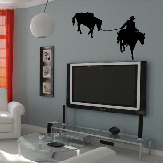 Horse and cowboy riding silhouette wall decal, black
