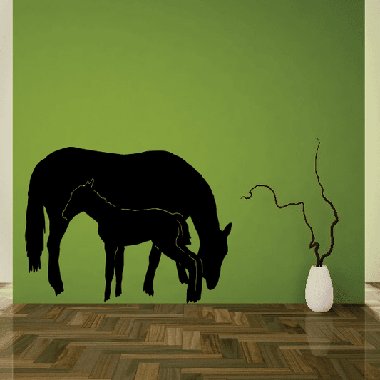 Horse and foal wall decal, black silhouette, grazing with fine line details