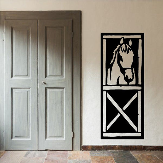 Horse head peeking stable door decal, black rectangular silhouette