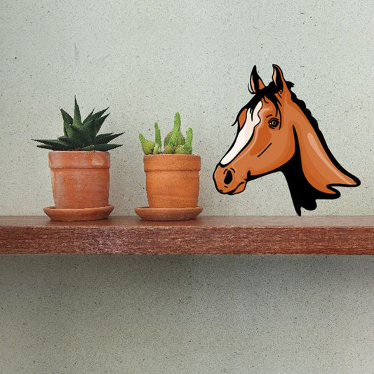 Horse head sticker, brown cartoon horse with white blaze and black mane, facing right