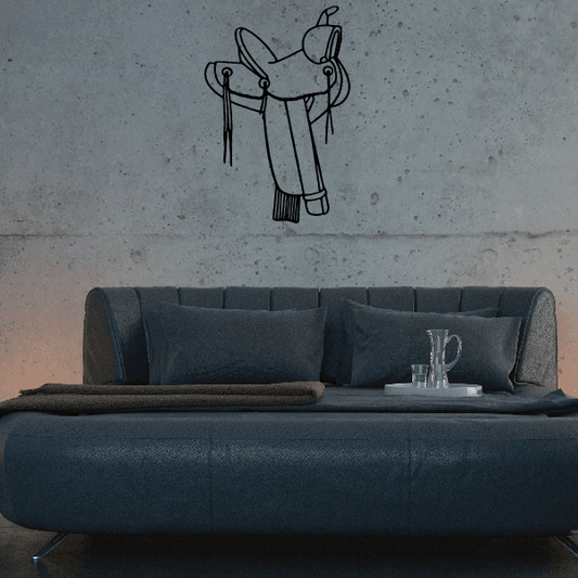 Horse jumping saddle wall decal, black line drawing of saddled jumping horse