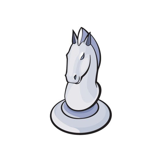 White and gray horse knight chess piece sticker with blue mane and round base