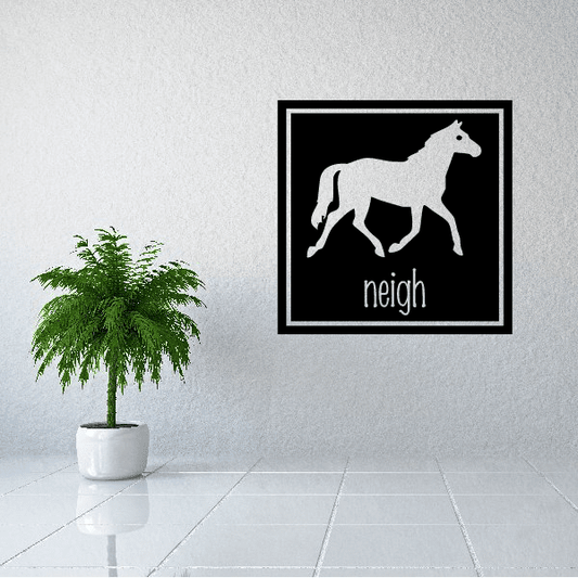Square horse neigh decal with white horse silhouette and 'neigh' lettering