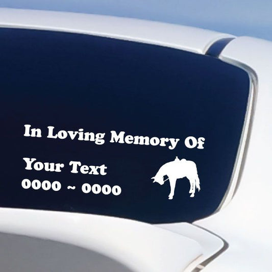 Memorial decal with white “In Loving Memory Of” text and praying horse silhouette