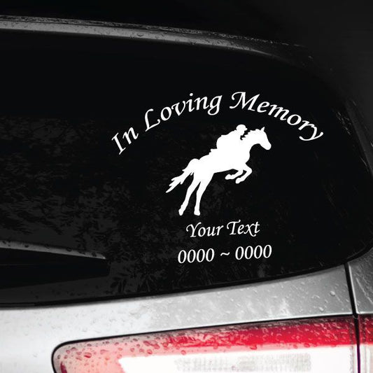 In loving memory car decal with jockey silhouette and custom text, white on dark