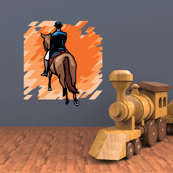 Horse racing vinyl wall decal sticker with jockey and racehorse on orange background