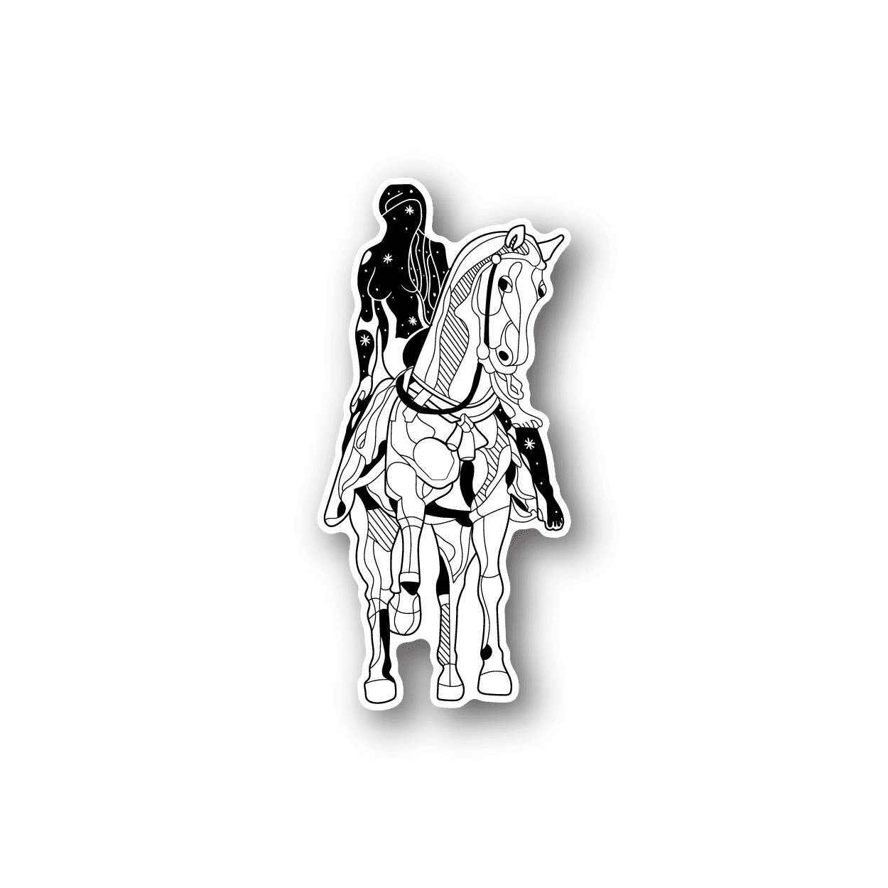 Horse rider vinyl sticker with black-and-white line art