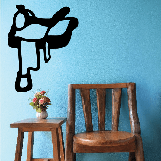 Black horse saddle wall decal with outlined horse silhouette and saddle details