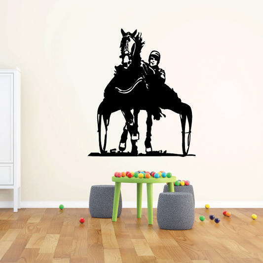 Black horse pulling wagon wall decal with rider and trotting silhouette
