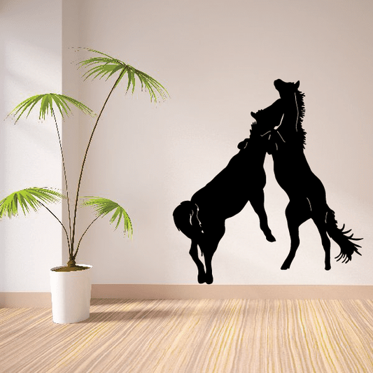 Black horse wall decal with two rearing horses and rider silhouettes