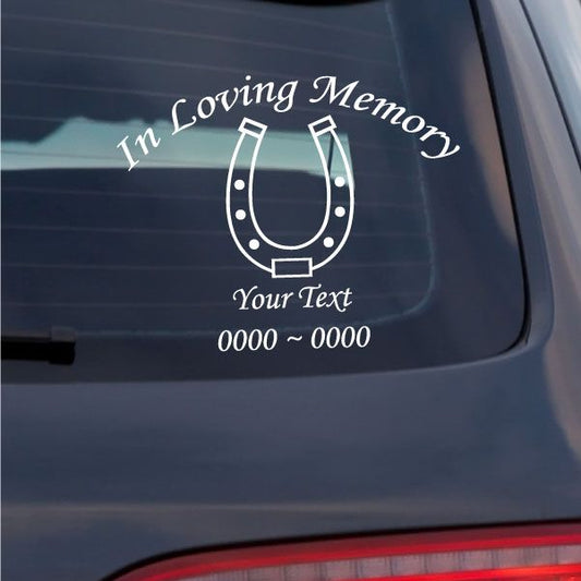 Horseshoe memorial decal for car with In Loving Memory and custom text