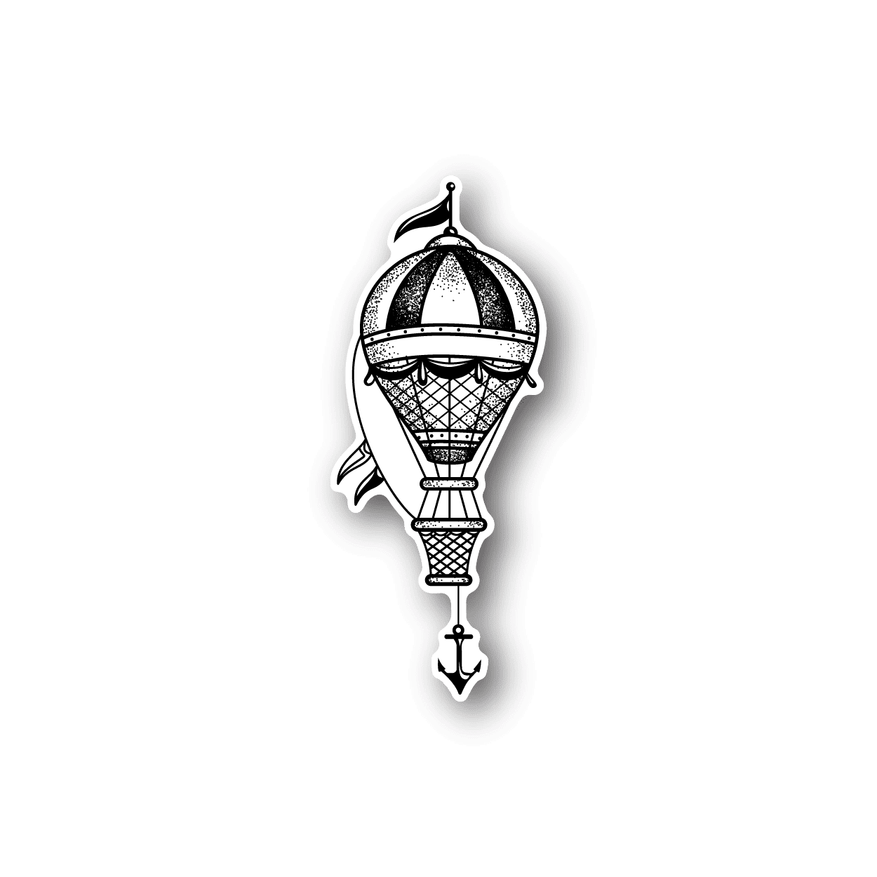 Hot air balloon vinyl sticker with basket and lantern, white and black outline