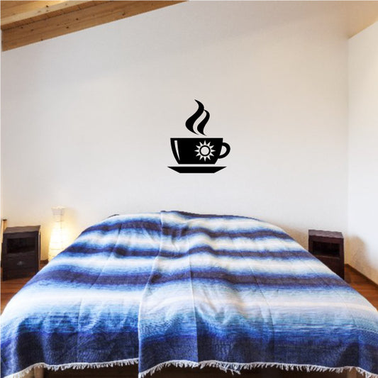 Coffee cup wall decal with steaming hot drink and small sun icon