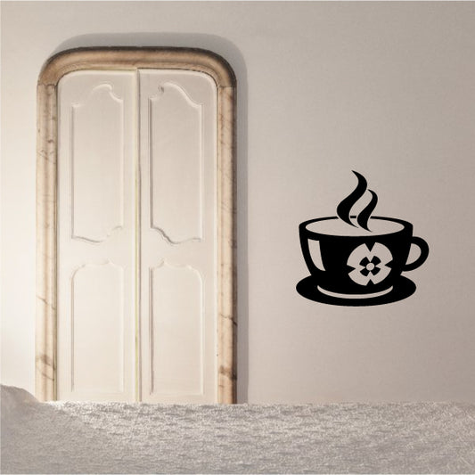 Hot coffee cup wall decal in black with steam and a flower