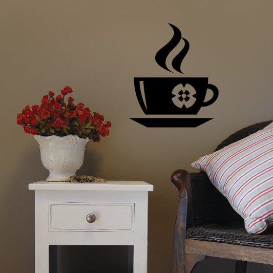 Coffee mug wall decal with steaming cup and flower icon