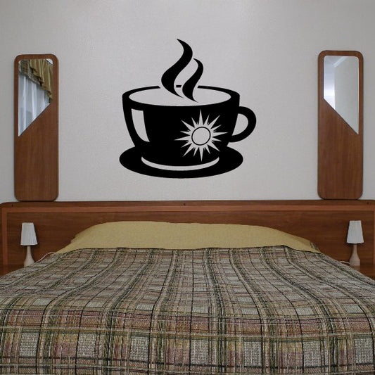 Coffee mug decal with steaming hot drink and sunburst