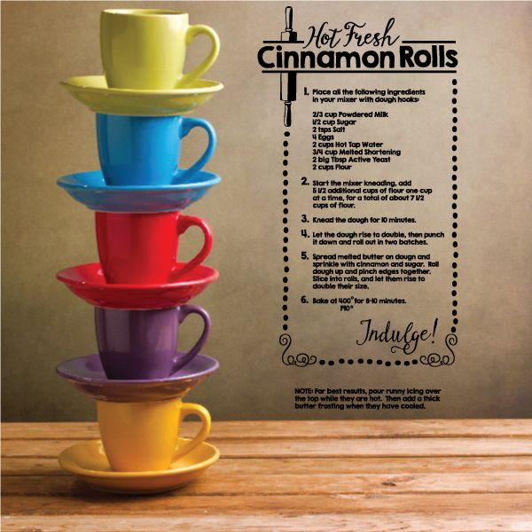 Hot Fresh Cinnamon Rolls recipe wall decal with stacked coffee cups and ingredient steps