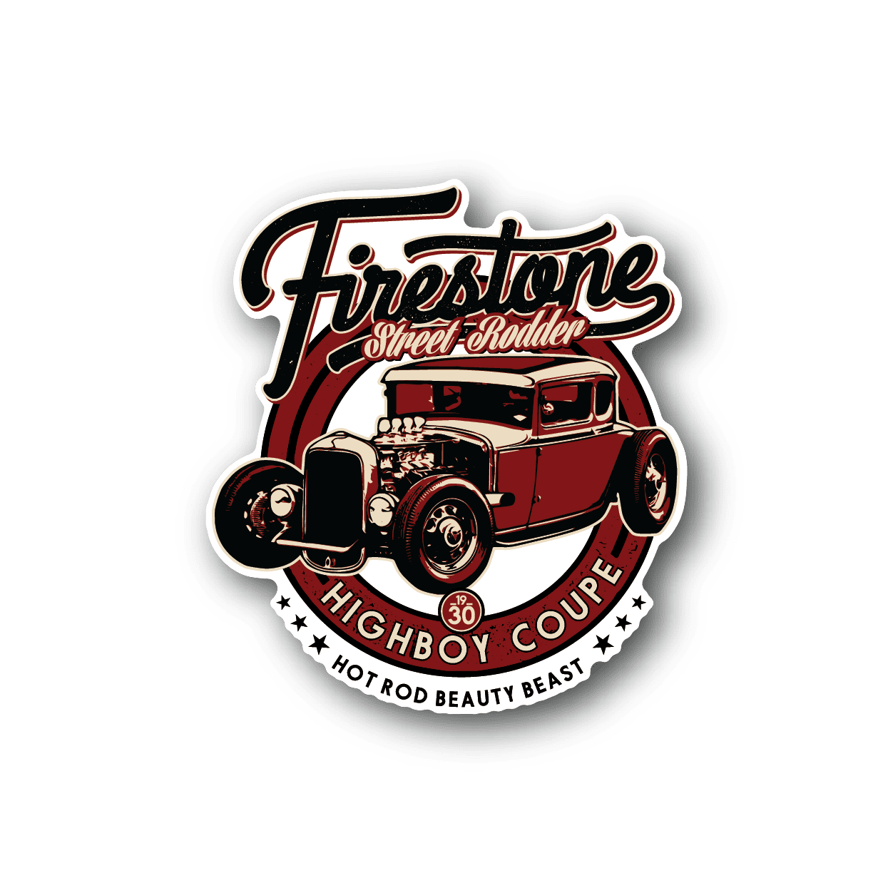 Hot rod highboy coupe vinyl sticker with red vintage car and Firestone lettering