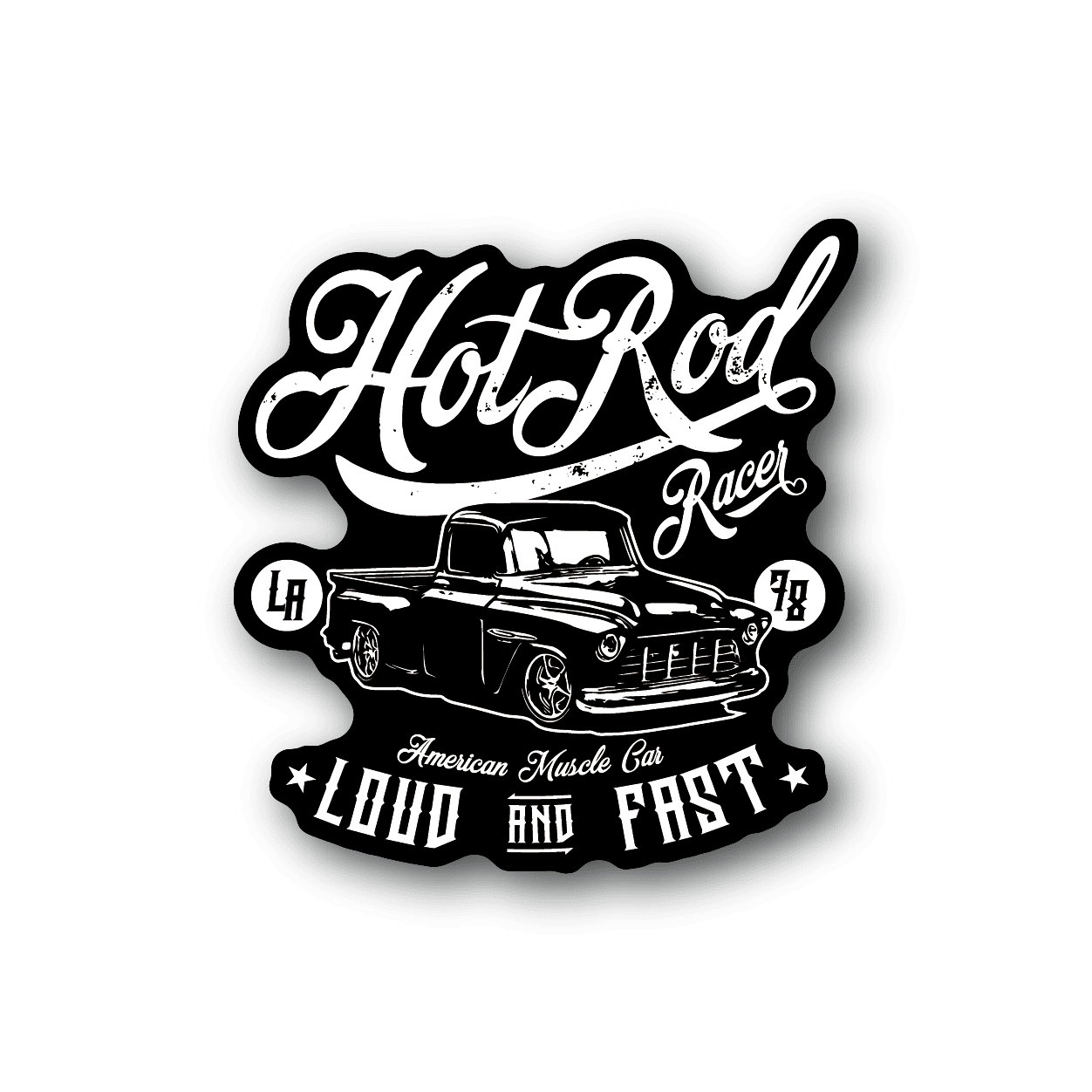 Hot Rod Racer vinyl sticker with hot-rod car, black and white logo text