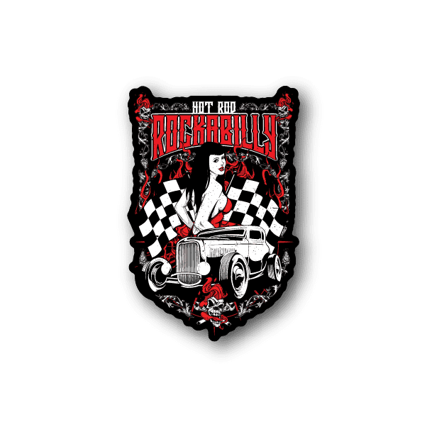 Vinyl sticker with red and black rockabilly graphic of woman beside hot rod car