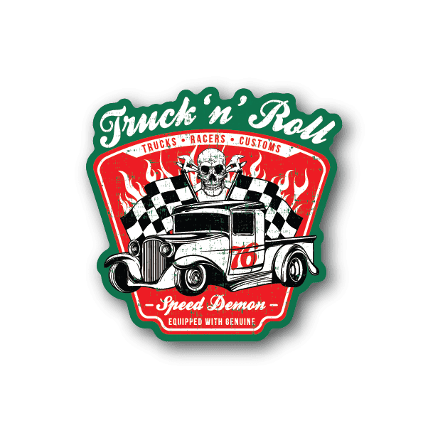 Vinyl speed demon sticker with hot rod truck, flames, skull and checkered flag