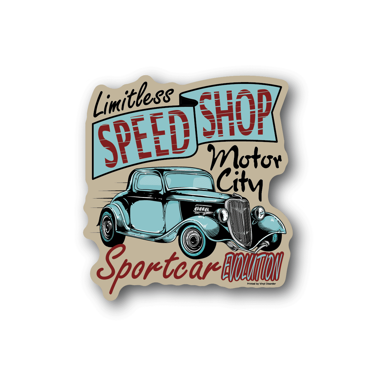 Vinyl sticker with vintage blue car and red Speed Shop lettering