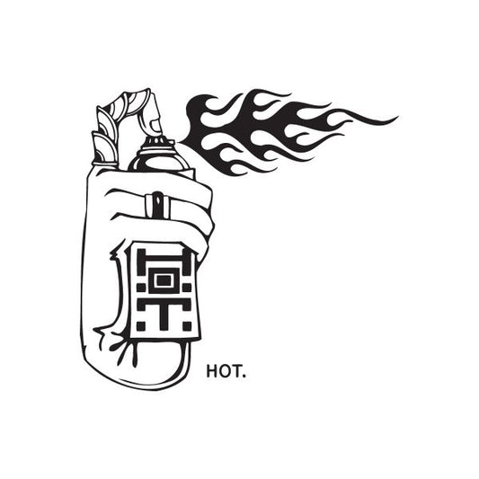 Spray paint can decal with flame graphic and “HOT” text