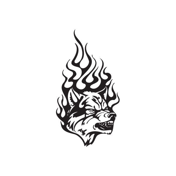 Wolf head decal with flame design in black