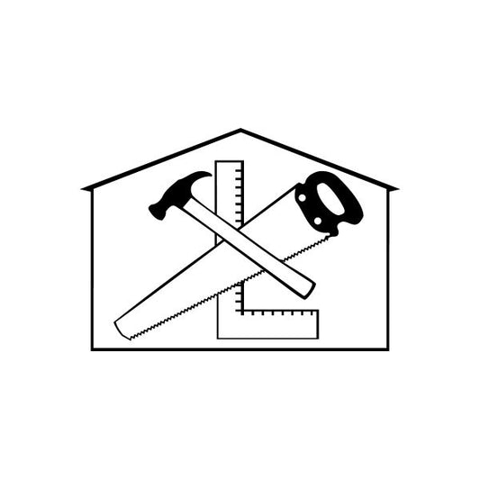 House builder decal with house outline and construction tools, including hammer and tape measure