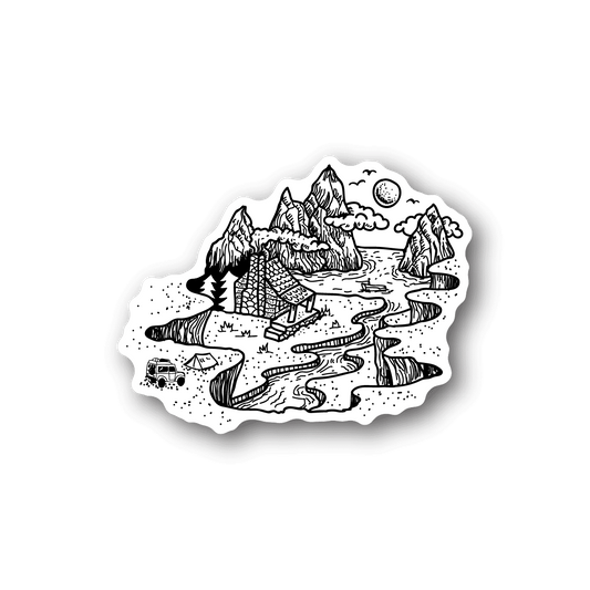 Vinyl sticker with black-and-white house by river line art
