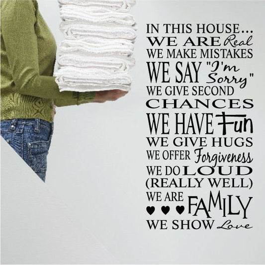 House rules wall decal with white handwritten-style family quotes