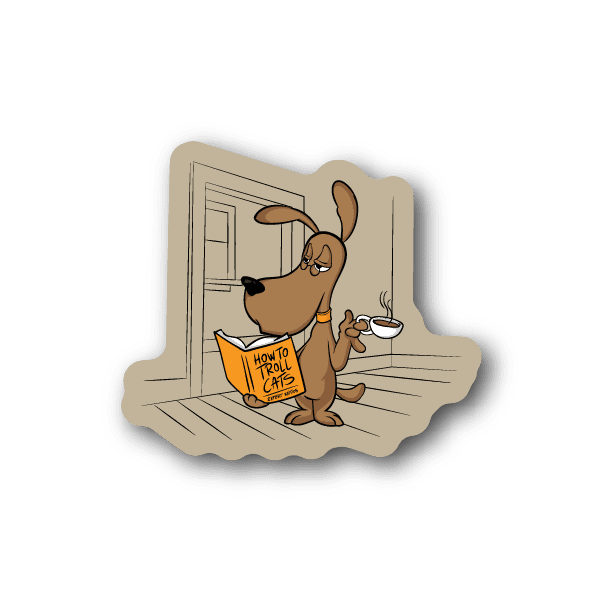 Vinyl sticker of cartoon cat reading an orange book, detailed line art.