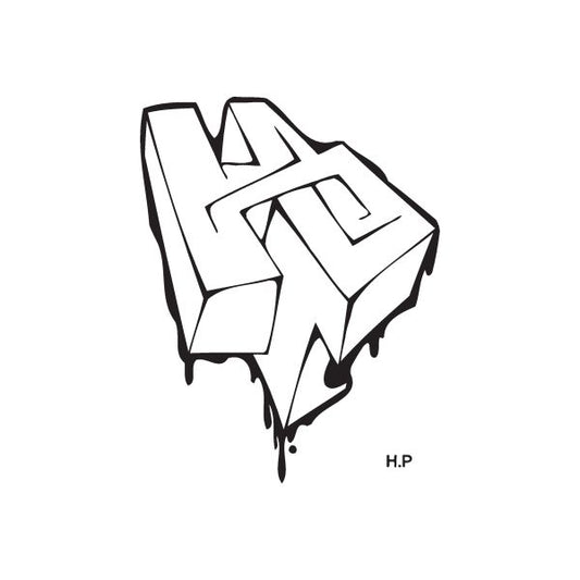 Graffiti decal with white block letters, black outlines, and dripping ink; HP mark