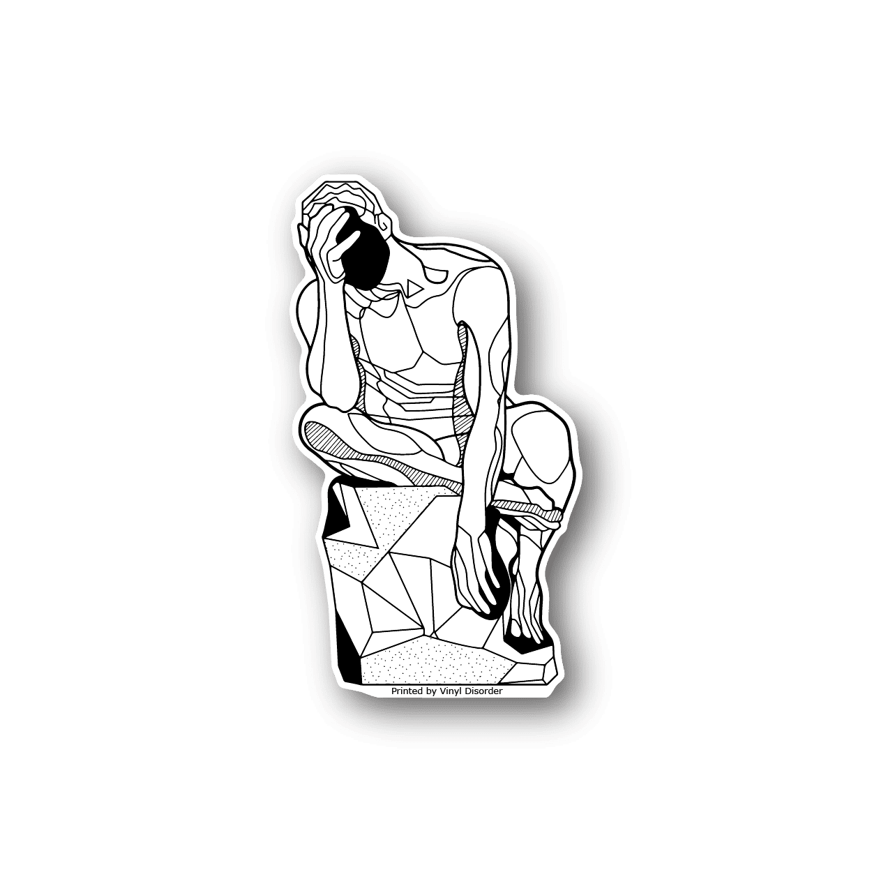 Vinyl sticker with monochrome woman holding her face, geometric line art outline
