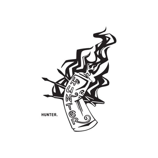 Hunter spray paint can decal sticker with black-and-white hunter illustration and “HUNTER.”