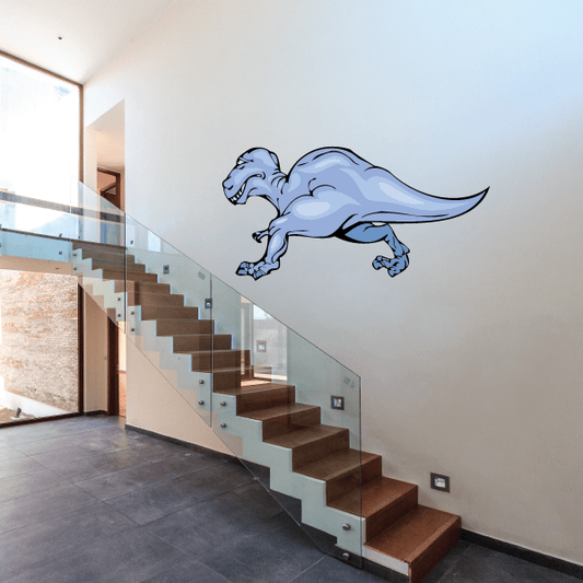 T-rex hunting sticker with light blue dinosaur silhouette