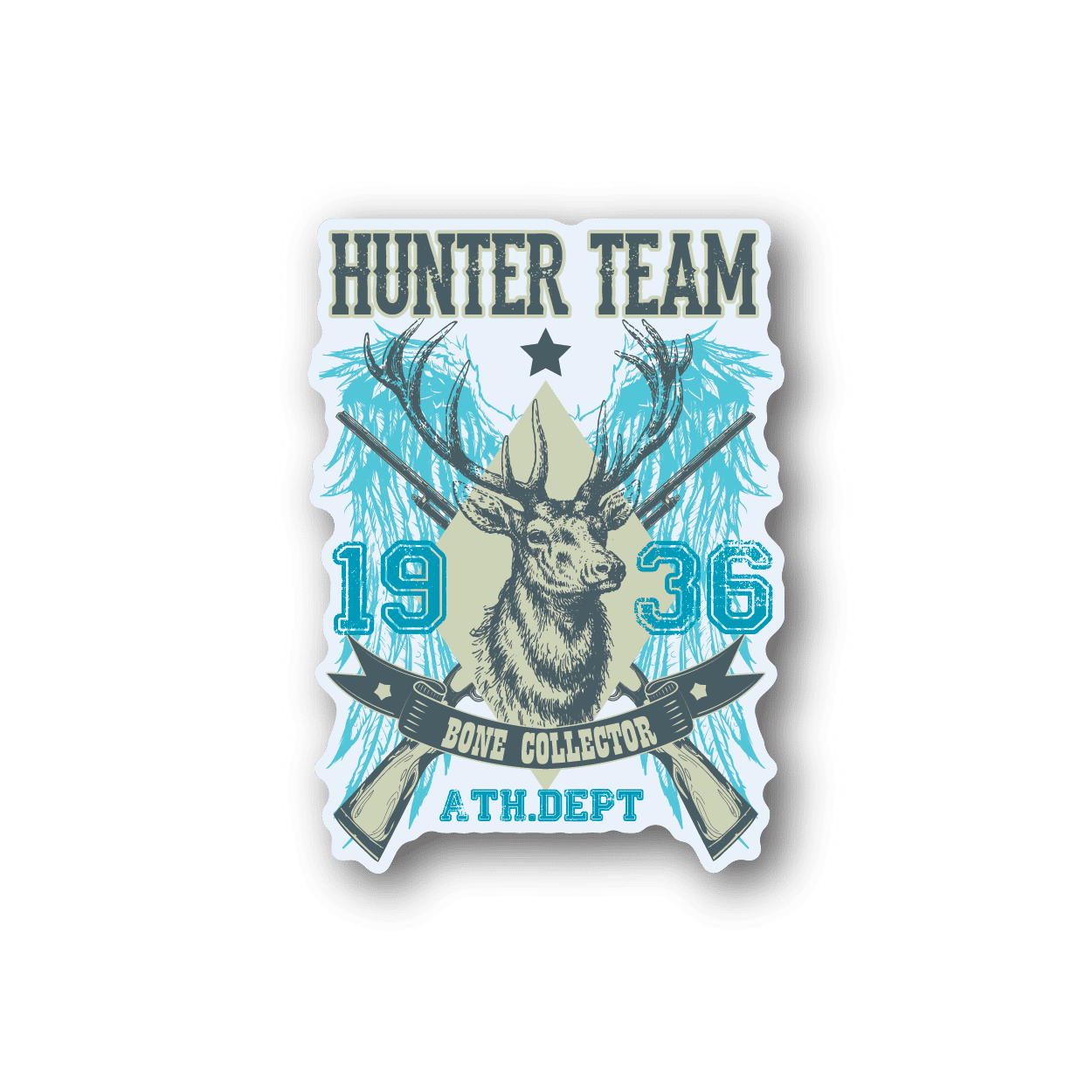 Hunting team vinyl sticker with deer and rifles, blue graphics