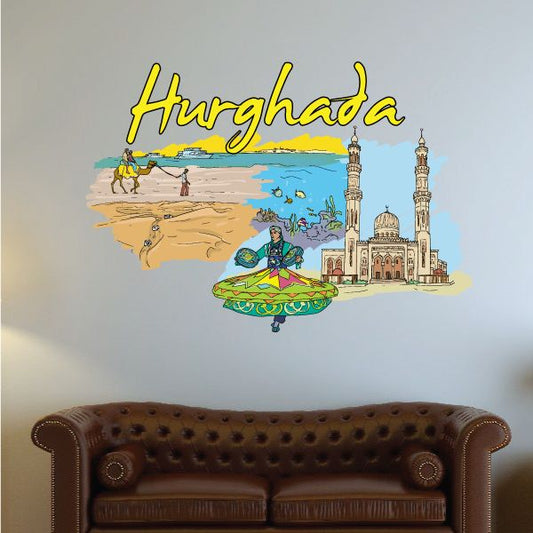 Hurghada sticker with yellow script text, beach scene and mosque illustration