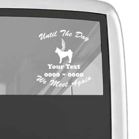 Memorial car window decal with winged husky silhouette and white cursive quote