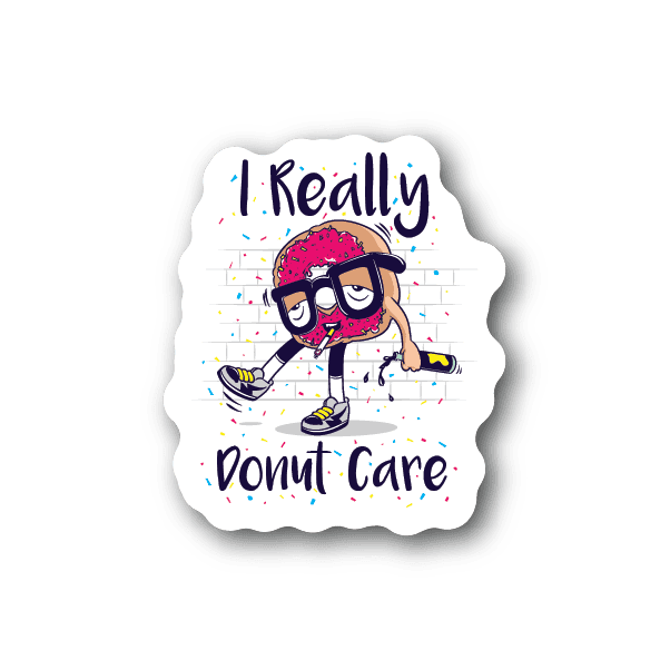Vinyl sticker with illustrated person wearing glasses and hat, 'I Really Don't Care' text